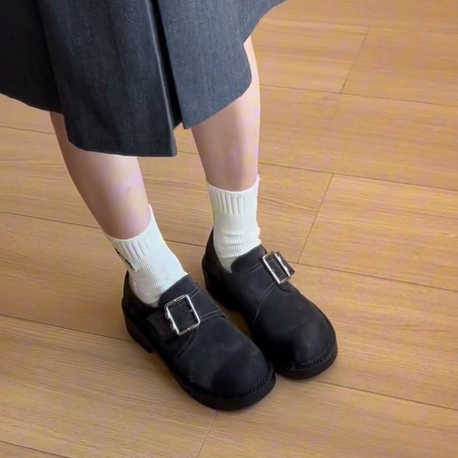 Cowhide version~ thick sole Velcro round head loafers retro belt buckle single shoes women's thick heel small leather shoes Birkenstocks