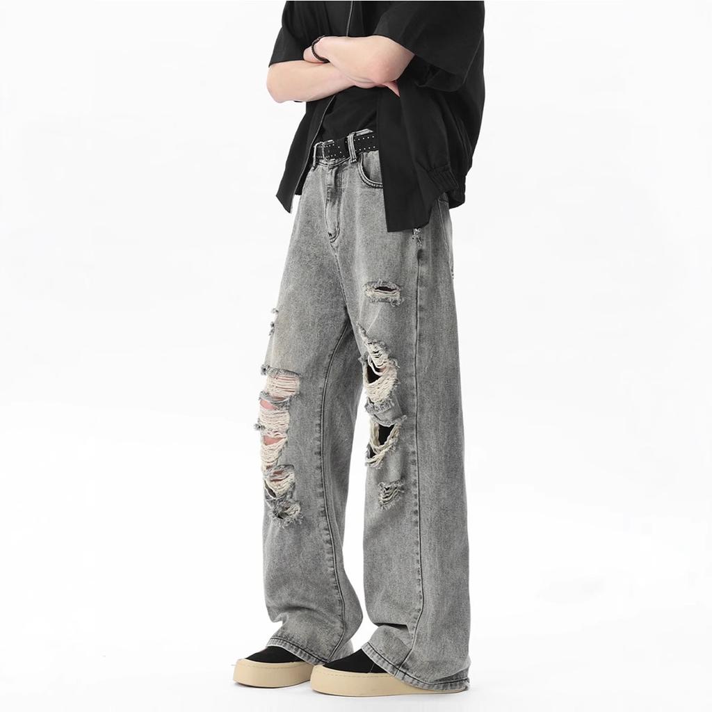 American ripped jeans men's new summer trend wear thin high street ruffian handsome loose wide-leg pants