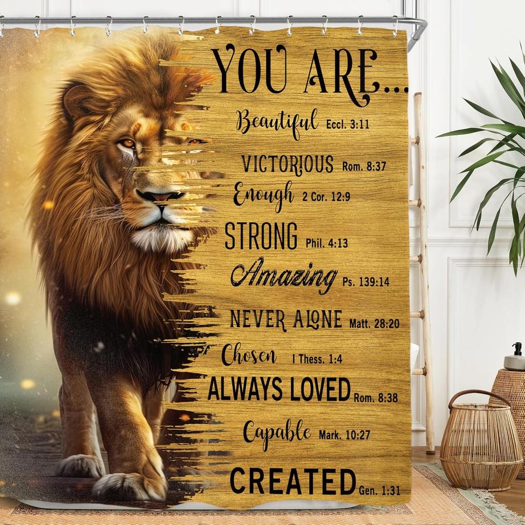 Lion Man Shower Curtain Set - Black/Gold Motivational Quotes, Waterproof Masculine Bath Decor Inspirational Male Design