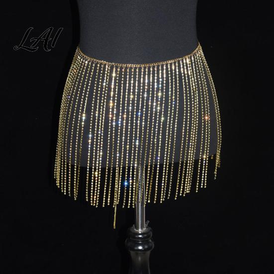 Sparkly Crotch Covering Chain Rhinestone Tassel Waist for Women Sexy Belly Dance Body Skirt-Style Adjustable Parties Hip Accessory Elastic