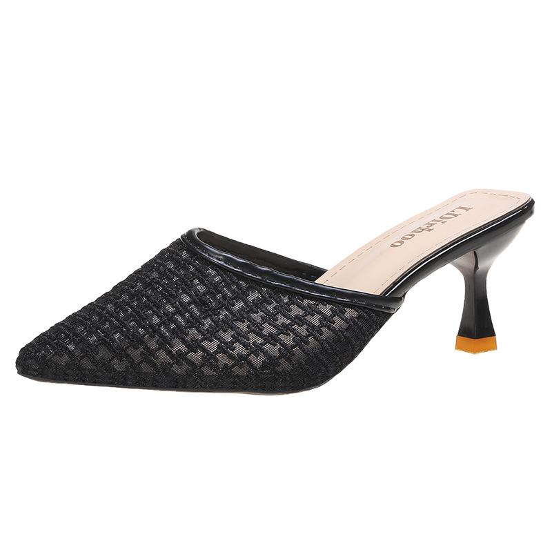 2020 Baotou half slippers women wear thin heels retro mesh high heels cool slippers pointed fairy style women's shoes
