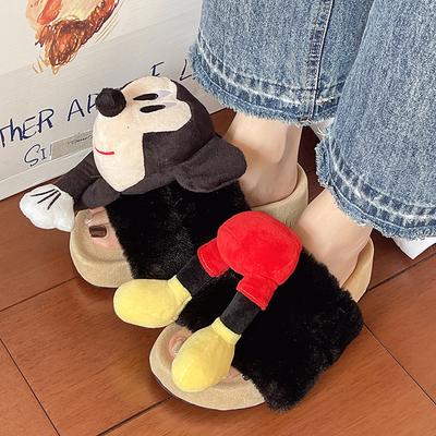 One-word Three-dimensional Mickey Thick-soled Fluffy Slippers Autumn and Winter Fashion Cartoon Outer Wear Warm Girls Half-towed Cotton Slippers