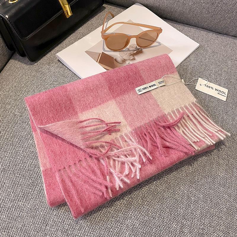 100% Pure Wool Scarf Female Winter Warm Cashmere Shawl Checkerboard Grain Design Couple Accessory Premium Sense Windproof Scarf
