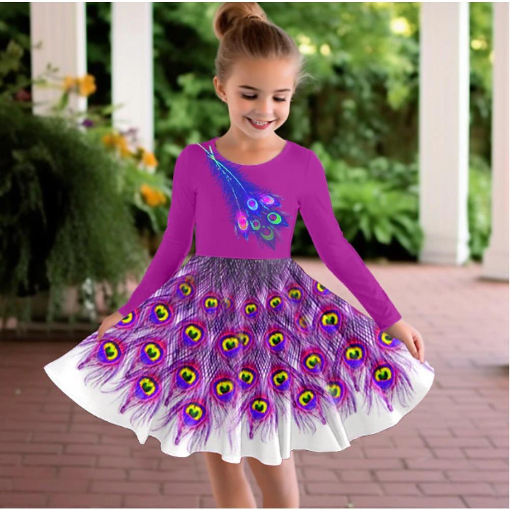 Girl Casual 3D Peacock Print Round Neck Long Sleeve Dress Kid Princess Dress 80