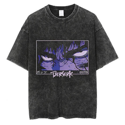 Japanischer Anime Berserk Retro Gewaschenes T-Shirt Herren und Damen Neu Sommer Harajuku Kleidung Lässig Rundhals Kurzärmeliges Oberteil