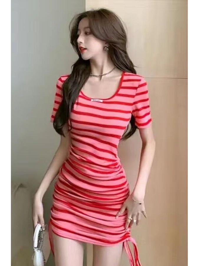 2025 French Square Neck Striped Drawstring Dress - Petite Summer Hip-Hugging Skirt for Women
