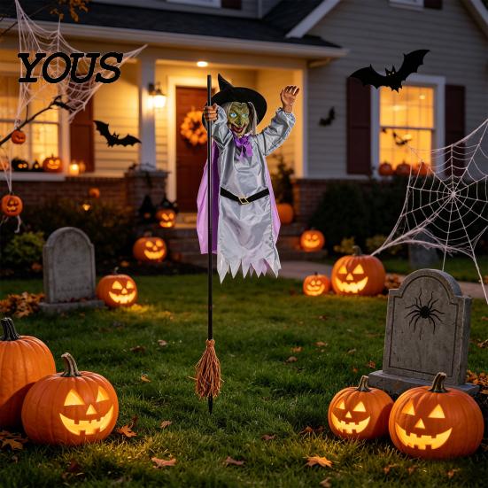 Premium Halloween Decoration Materials Animated Witch Decoration, Sound Activated Lighted Haunted House Prop, Hanging Ornament Creepy Flying