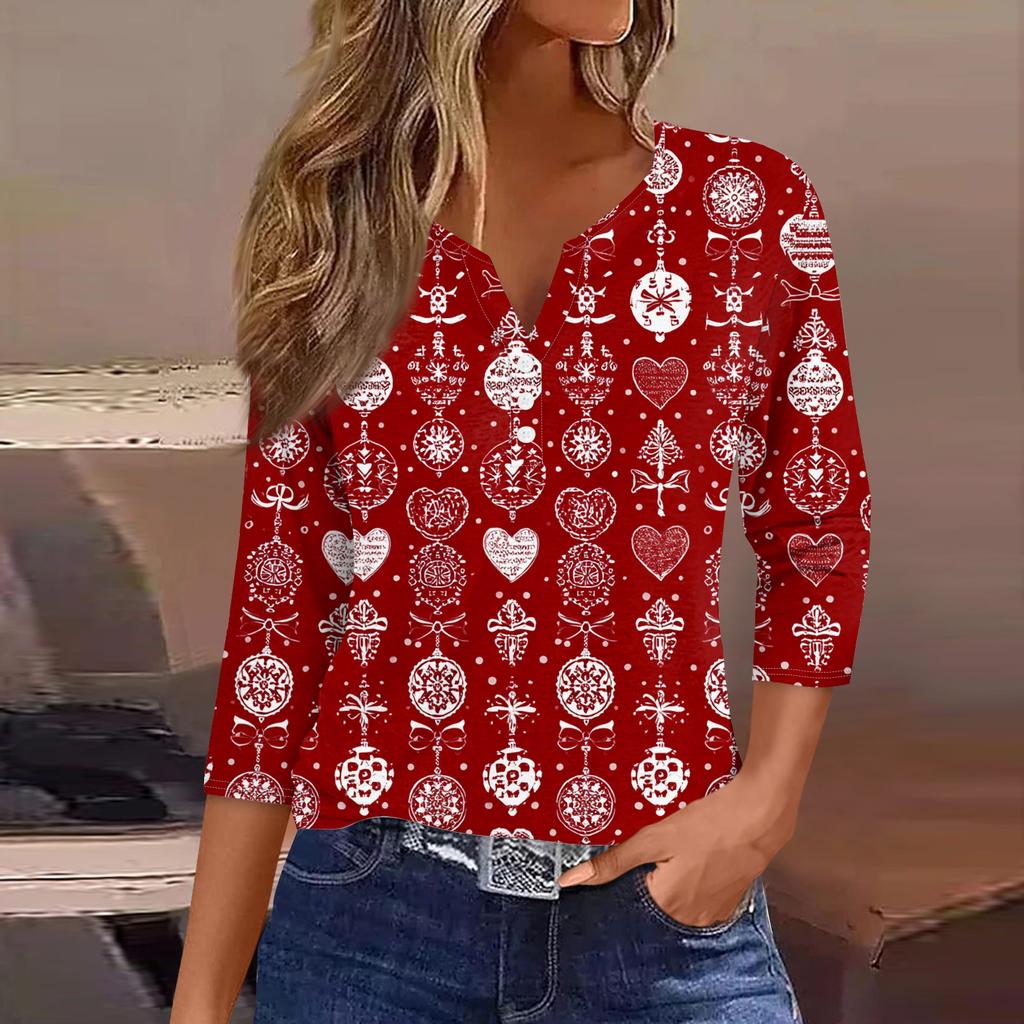 Damenmode Lässig Halloween Bedruckt V-Ausschnitt Kurzarm Zierknopf Dreiviertelarm T-Shirt Top