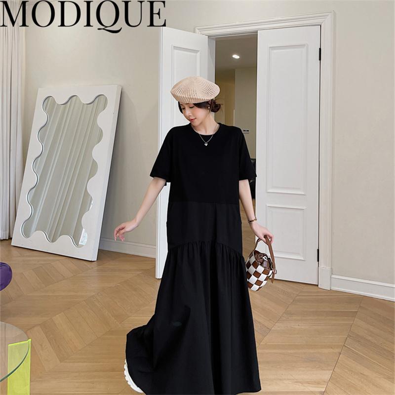 MODIQUE Summer Plus Size New Dress Shirt Women Loose Patchwork Cotton Linen Basics Folds A-Line Dress Solid Casual Female Dresses O-Neck