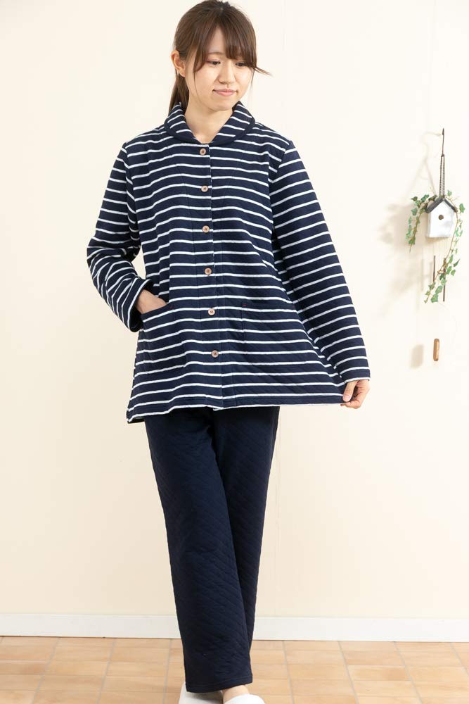 Eye Cotton Quilted Knit Pajamas with Open Long Winter Sizes K's Women's Skin-Friendly 100% Front, Sleeves, Loungewear, Nightwear, S/M/L/LL (S Navy)