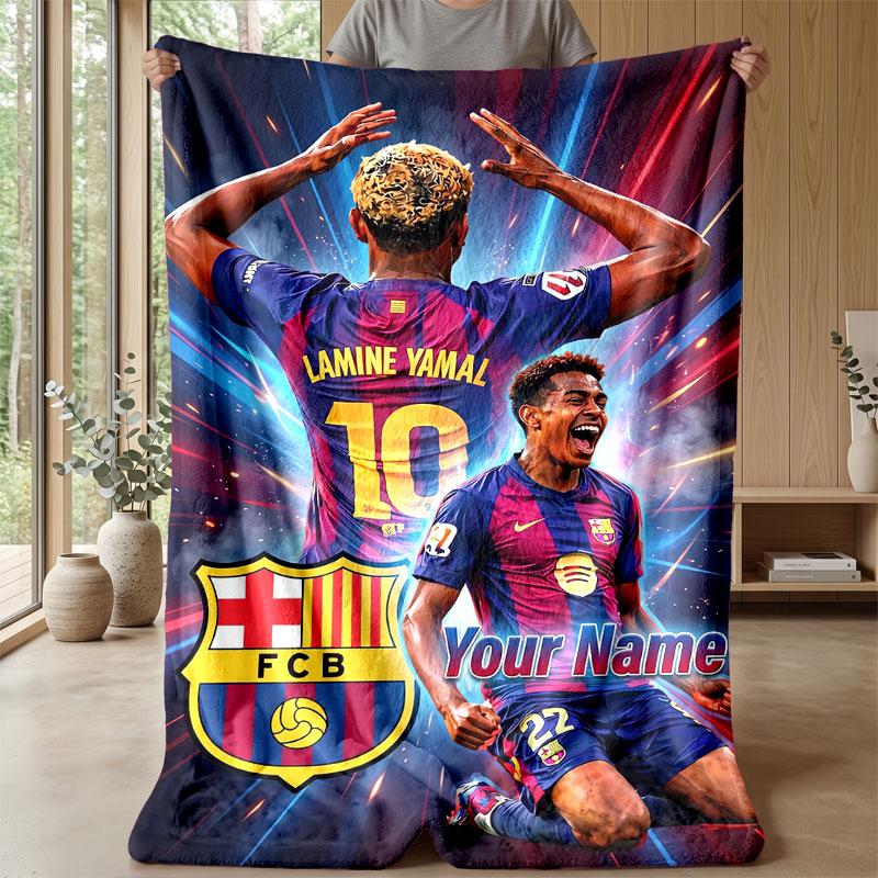 Coperta in Flanella Personalizzata con Nome Testo Lamine Yamal Logo Calcio Coperta Pile Personalizzata Regalo Speciale per Divano Camera da Letto Casa