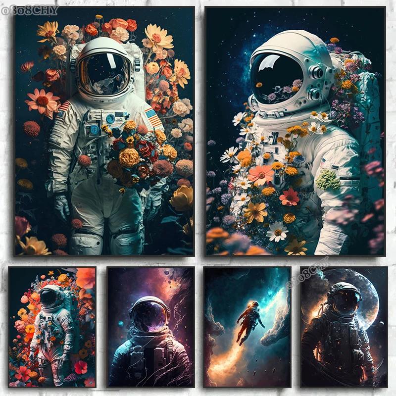 Astronaut In Flowers Canvas Painting Cosmonaut and Planet Posters Prints Modern Wall Art Pictures for Home Kid Beroom Decoration