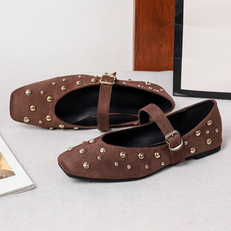 

Retro Brown Faux Suede Ballet Flats Women Fashion Belt Buckle Metal Rivets Decorated Mary Jane Shoes Concise Comfortable Loafers 35 темно-коричневого