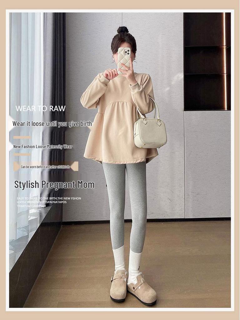 Maternity Korean Style Two-Piece: Color-Reducing, Age-Reducing Baby Doll Shirt & Long-Sleeved Sweatshirt - Plus Size, Slimming, Cover Belly.