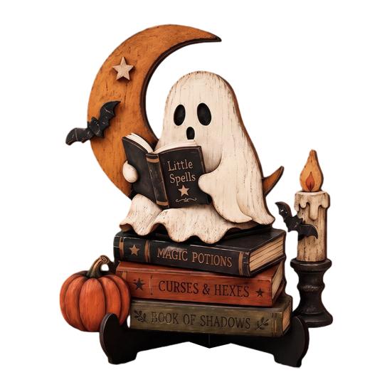 Oggetti di Scena Fotografici Stagionali Autunnali, Statuetta Fantasma Lettore di Halloween, Statua in Legno Retrò, Ornamento Decorativo Vintage per Scrivania e Libreria con Libri Impilati per