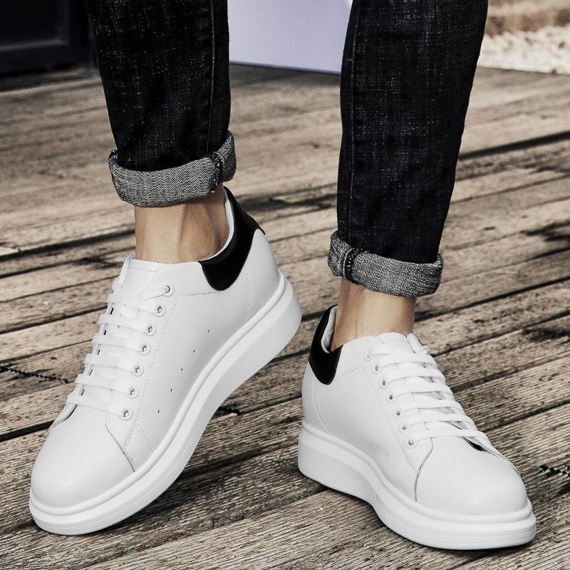 Men's Low Heel White Cowhide Platform Sneakers - Invisible Height Boost, Casual Youth Style, for Couples