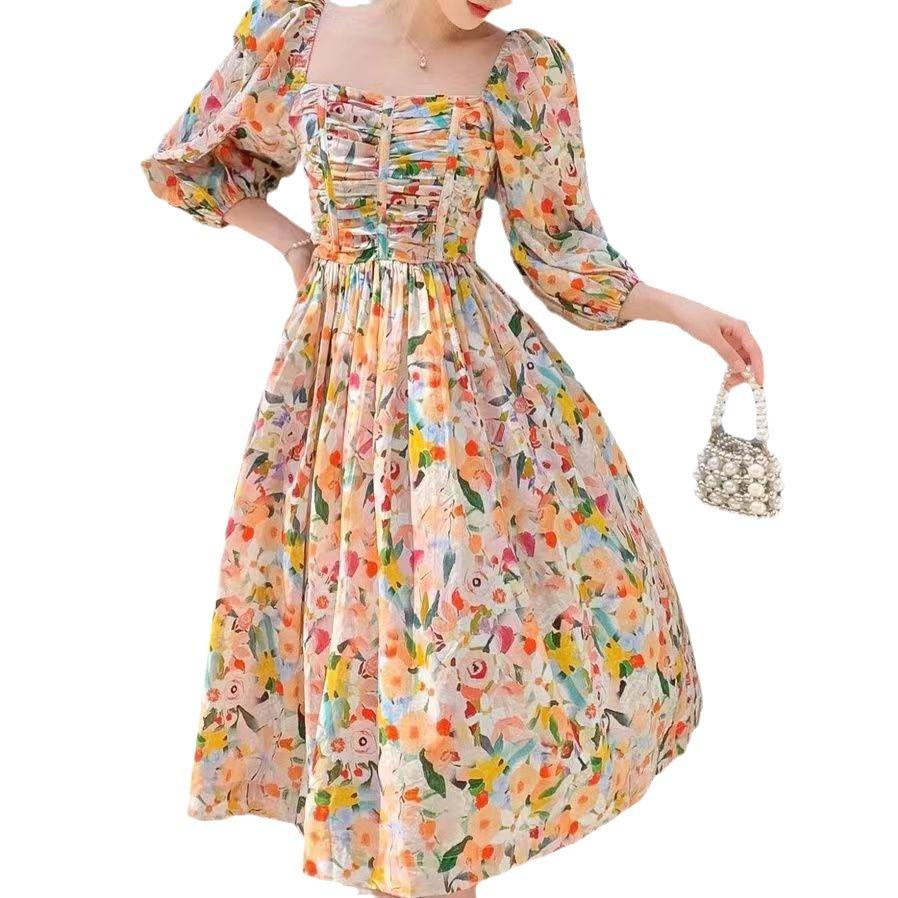 Summer French Hepburn Style High-end Dress Femininity Retro Chic Beautiful Floral Bubble Sleeve Medium and Long Dress