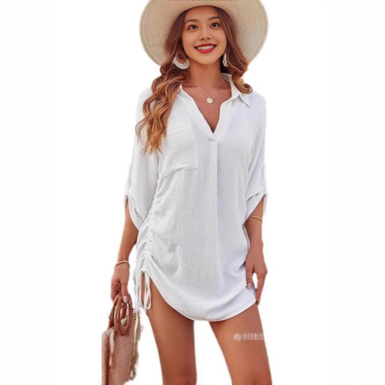 Women's Three Quarter Sleeve Shirt Turn Down Collar Business Casual Solid Color Beach Cover Up Tunic