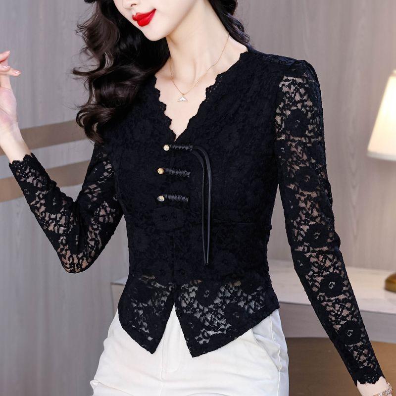 Cămașă nouă stil chinezesc cu cataramă, șic, cu șliț și dantelă pentru femei, toamnă nouă, cămașă cu temperament, top la modă cu mâneci lungi