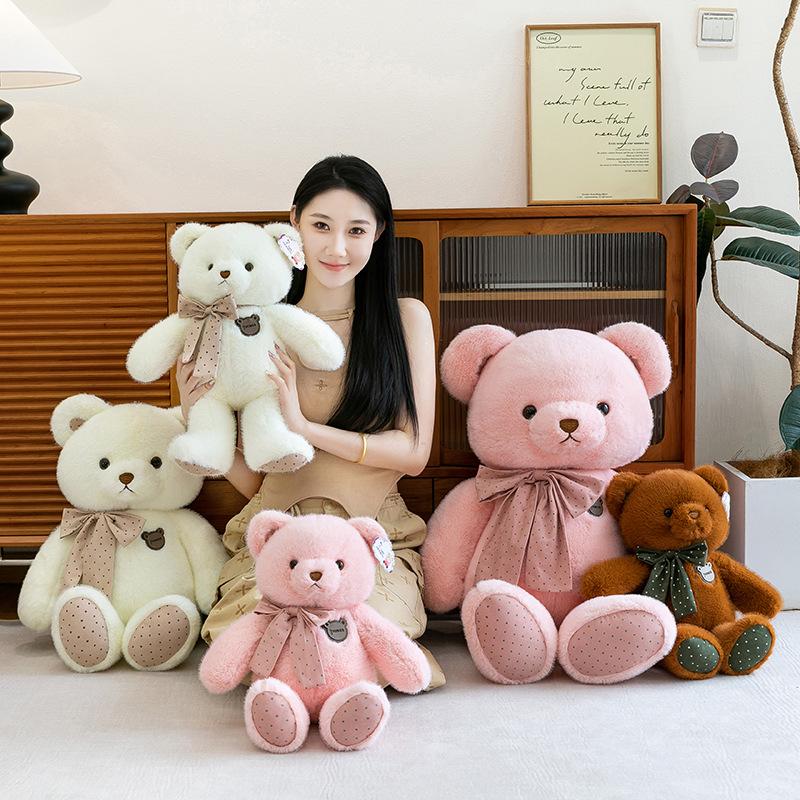 Large Plush Teddy Bear with Polka Dot Ribbon - Perfect Hugging Gift for Birthdays