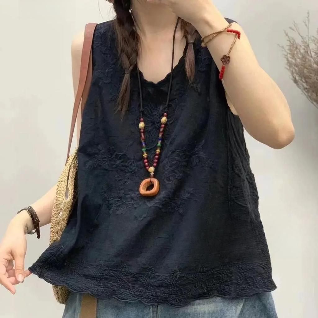 Canotta da Donna in Cotone e Lino con Fiore Ricamato Top Estivo