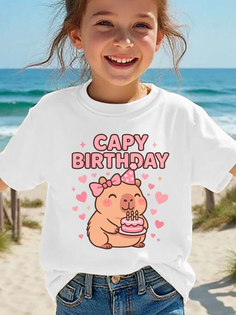 Girls T-Shirt Capybara Kids Clothing Summer Printed Cartoon Short Sleeve Tee Children Basic Loose Round Neck Tops Birthday Gifts
