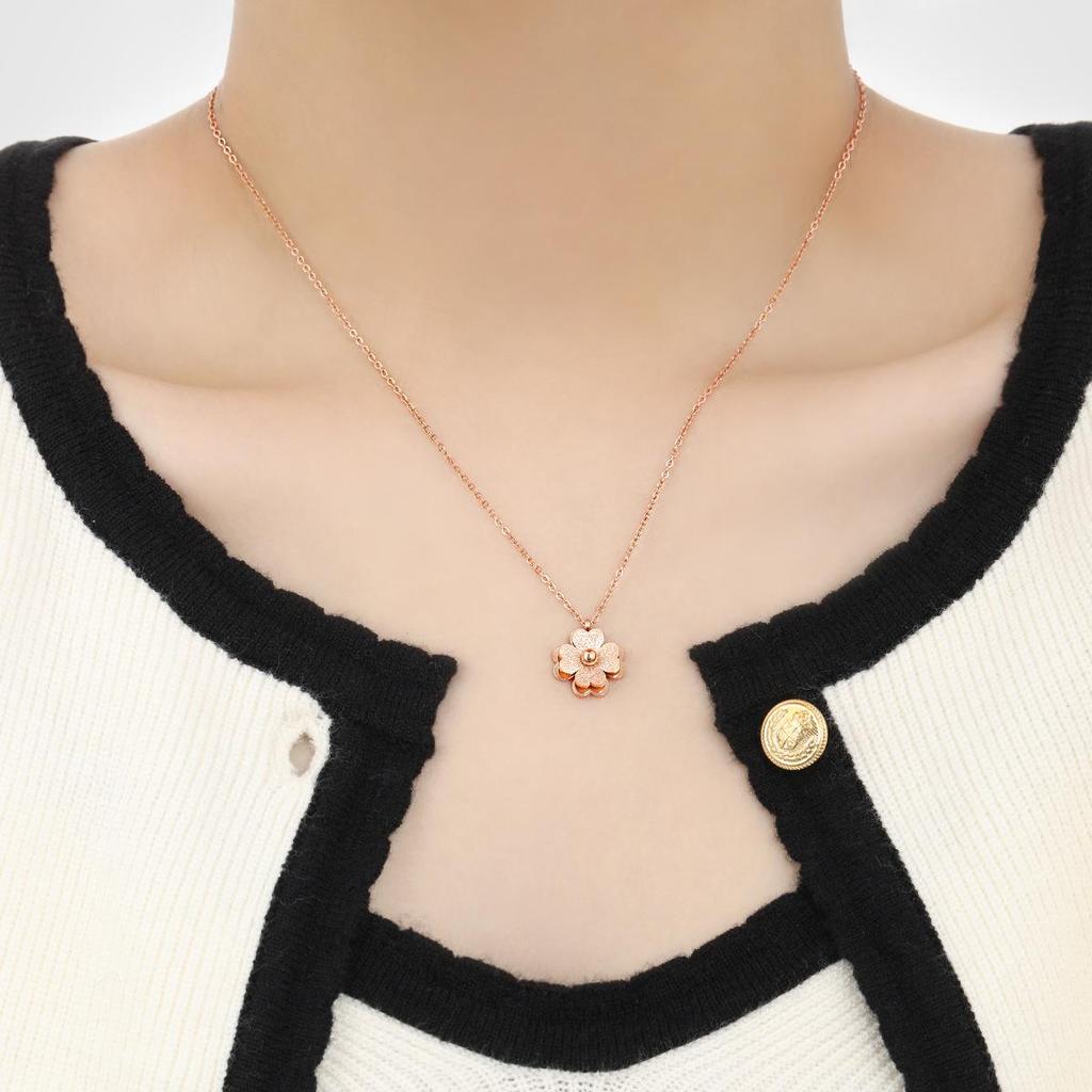 Minimalist Double-Layer Frosted Single-Bead Clover Flower Titanium Steel Necklace for Women