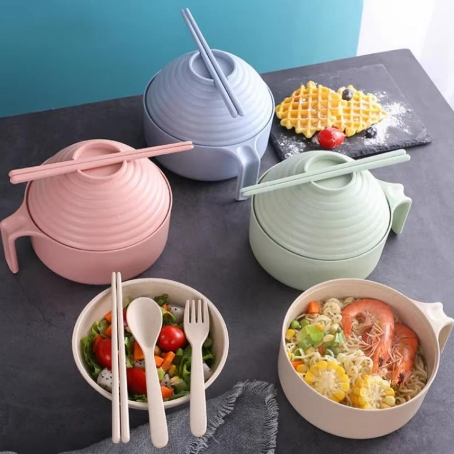 1 Set Wheat Straw Instant Noodle Bowl With Lid For Work Student Dormitory Bowl And Chopstick Set Large Capacity Rice Bowl Gift
