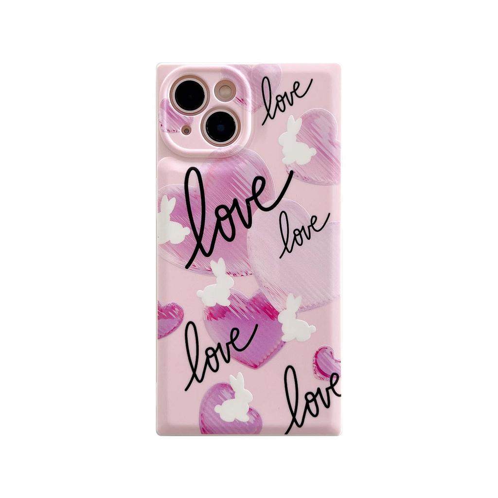 Ins Sqaure Cute Rabbit Love Cartoon Pink Heart Lovely Silicone Shockproof Phone Case For Iphone 14 Pro Max Plus 13 12 Promax 11