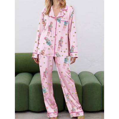 Conjunto de Pijama Navideño para Mujer Estampado Lindo de Cascanueces Camisa de Manga Larga con Botones Pantalones Satén Seda 2 Piezas Pijamas