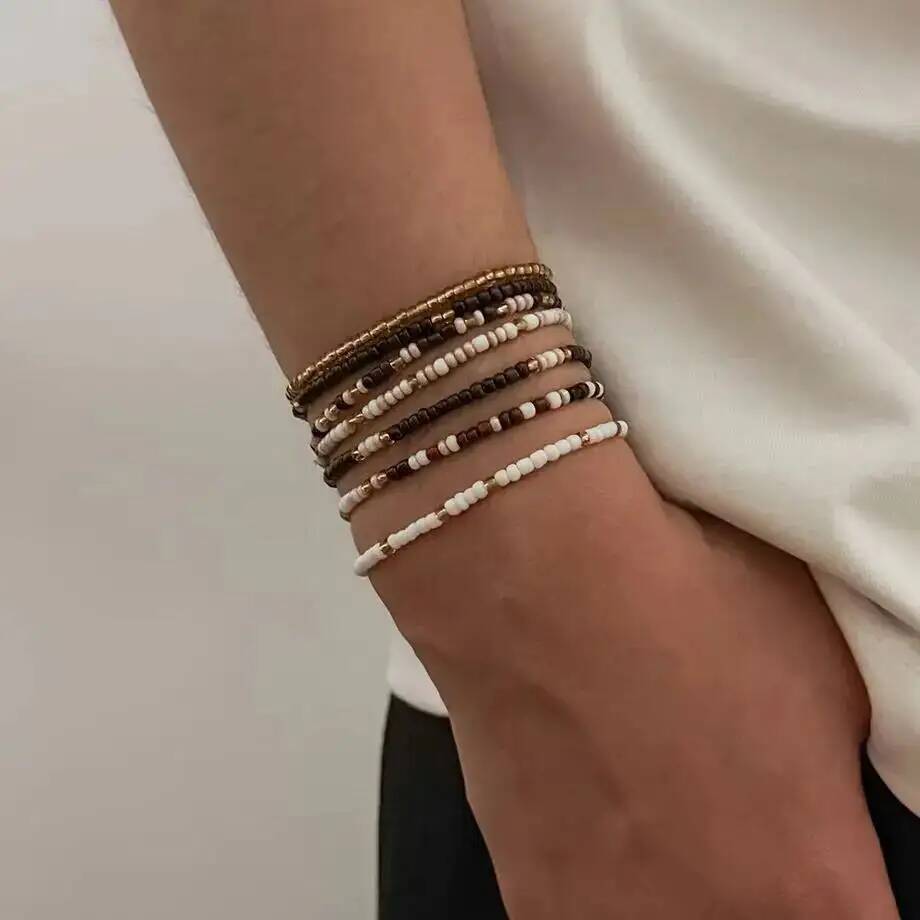 SHIXIN Conjunto de 7 Peças Pulseiras de Contas de Arroz Boho Masculinas Peça Redonda Vintage Pingente Corrente de Contas Elástica Pulseiras de Pulso Joias Femininas