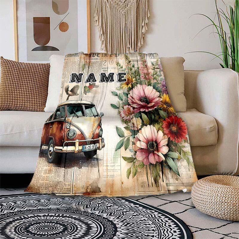 Bus And Flowers Customize Your Name Blanket Used For Chair Office Sofa Bed Camping Soft And Warm Giving Friends And Relatives Birthday Graduation Gift