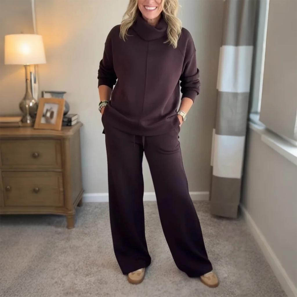 Women's Fashion Solid Color High Neck Long Sleeved Hem Slit Sweatshirt Top Casual Sweatpants Two-piece Set