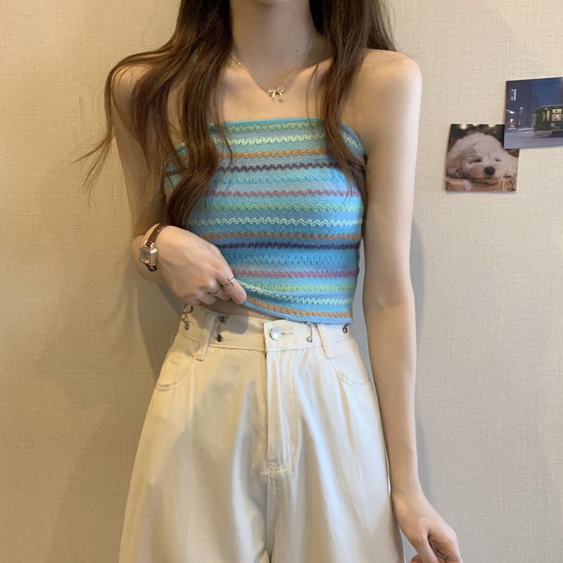Women's Striped Knitted Camisole Vest Summer French Style Stylish Slim Fit Slimming Bottom Shirt Sleeveless Top