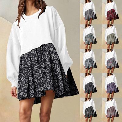 Vestido de moletom grande feminino com decote em v manga comprida patchwork pulôver tops vestido de moletom