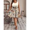 Women's Fashionable Casual Color Blocked Printed Sleeveless Waist Dress In Large Size