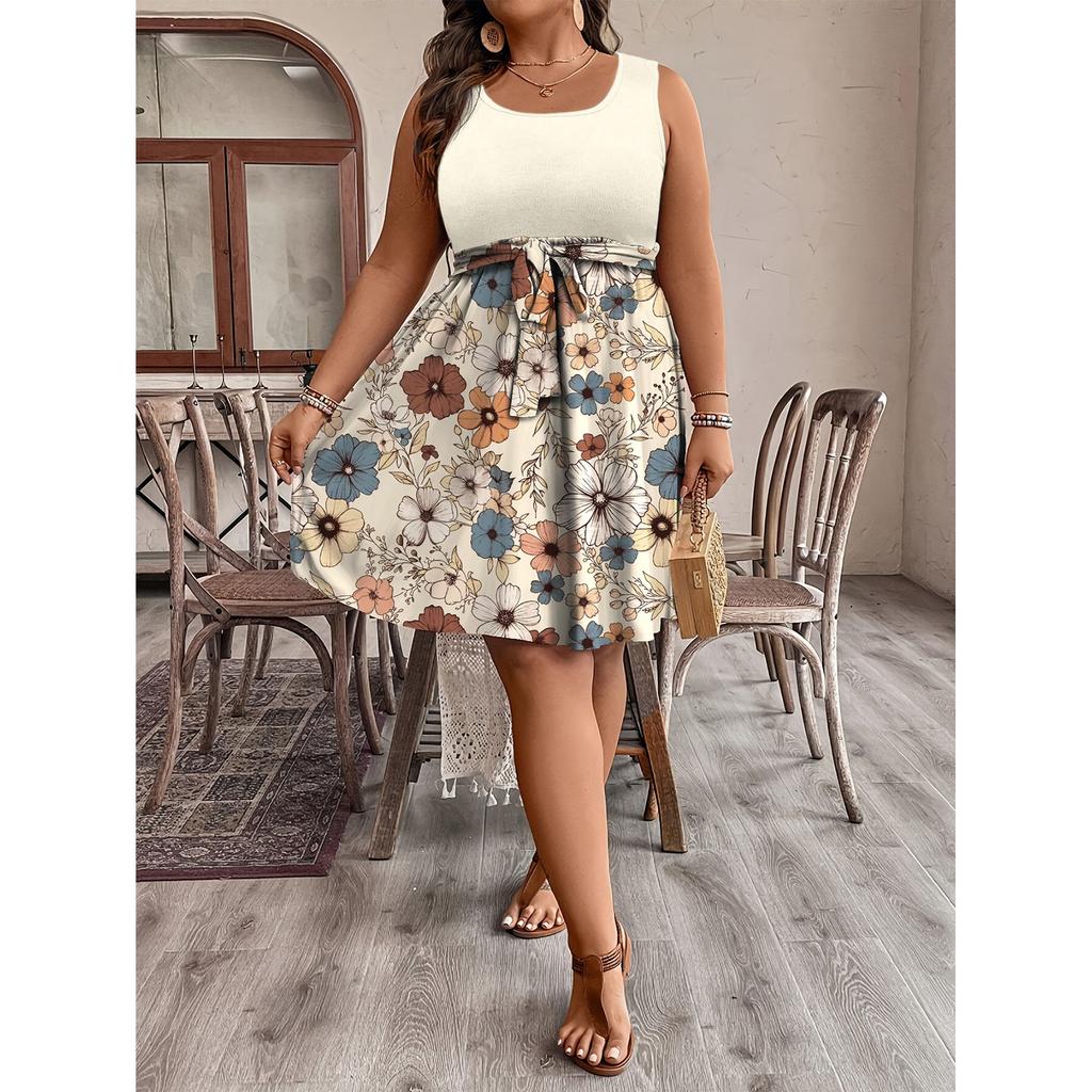 Women's Fashionable Casual Color Blocked Printed Sleeveless Waist Dress In Large Size