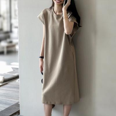 Women T-shirt Dress Round Neck Short Sleeve Loose Fit Casual Dress Solid Color Design Summer Dress Daily Wear
