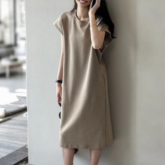 Women T-shirt Dress Round Neck Short Sleeve Loose Fit Casual Dress Solid Color Design Summer Dress Daily Wear