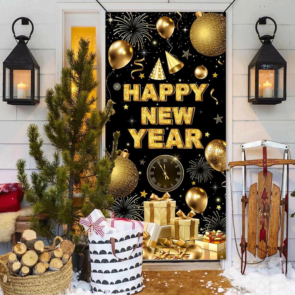 Happy New Year Decorations Hanging Door Cover Banner, 35x73" Welcome 2026 Year Party Door Porch Sign Banner Covers for Home Yard Lawn New Year's