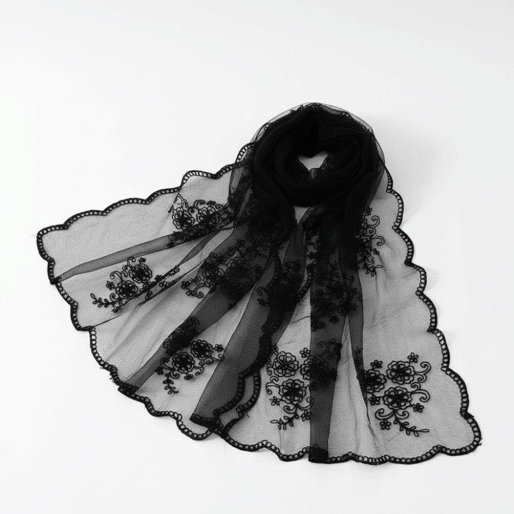 Embroidered Floral Headwrap Lightweight Long Lace Scarf Mesh Stole Summer Hijab Elegant Lady