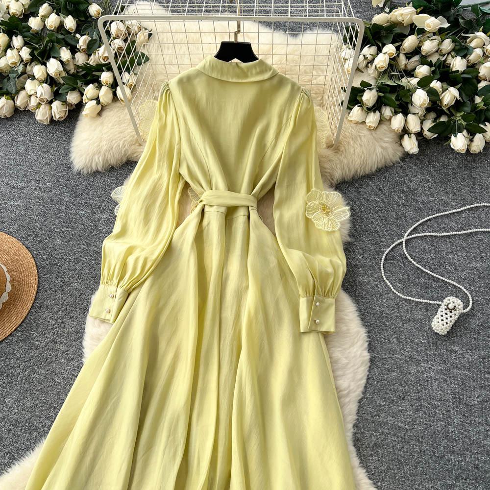 Chic Vintage Three-dimensional Single Breasted Slim Elegant Fairy Korean Fashion Boho Women Clothing Long Dress