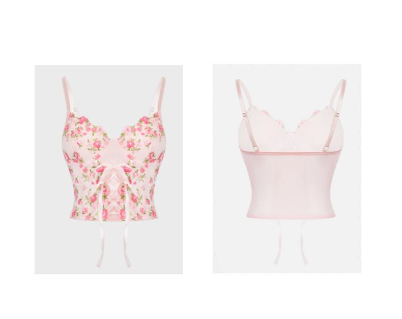 Pink Floral Tie-Up Corset Camisole Tank Top