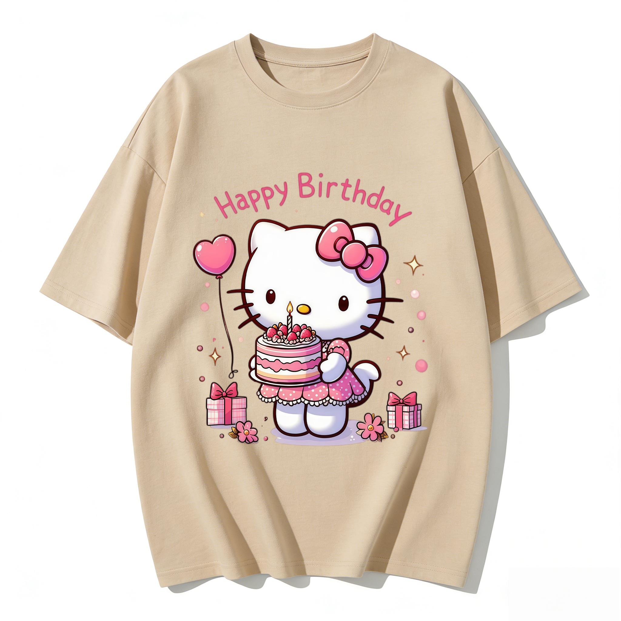 

2026 New Hello Kitty Happy Birthday Cake Cartoon Print Tshirt Family Matching Outfits Casual Short Sleeve Tee for Women Unisex Kid S