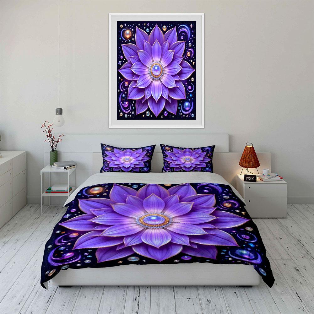 "Elegant Purple Floral Design Set" kid's and adults' bedroom decor, Exquisite three-piece bedding set gift