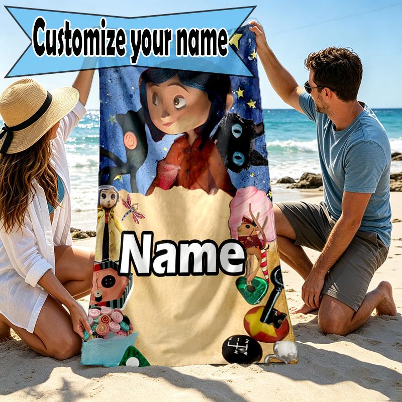 Custom Name Personalized Coraline Print Beach Towel, for Trip Camping Beach Party Home Decor, Birthday Gift for Family & Friends