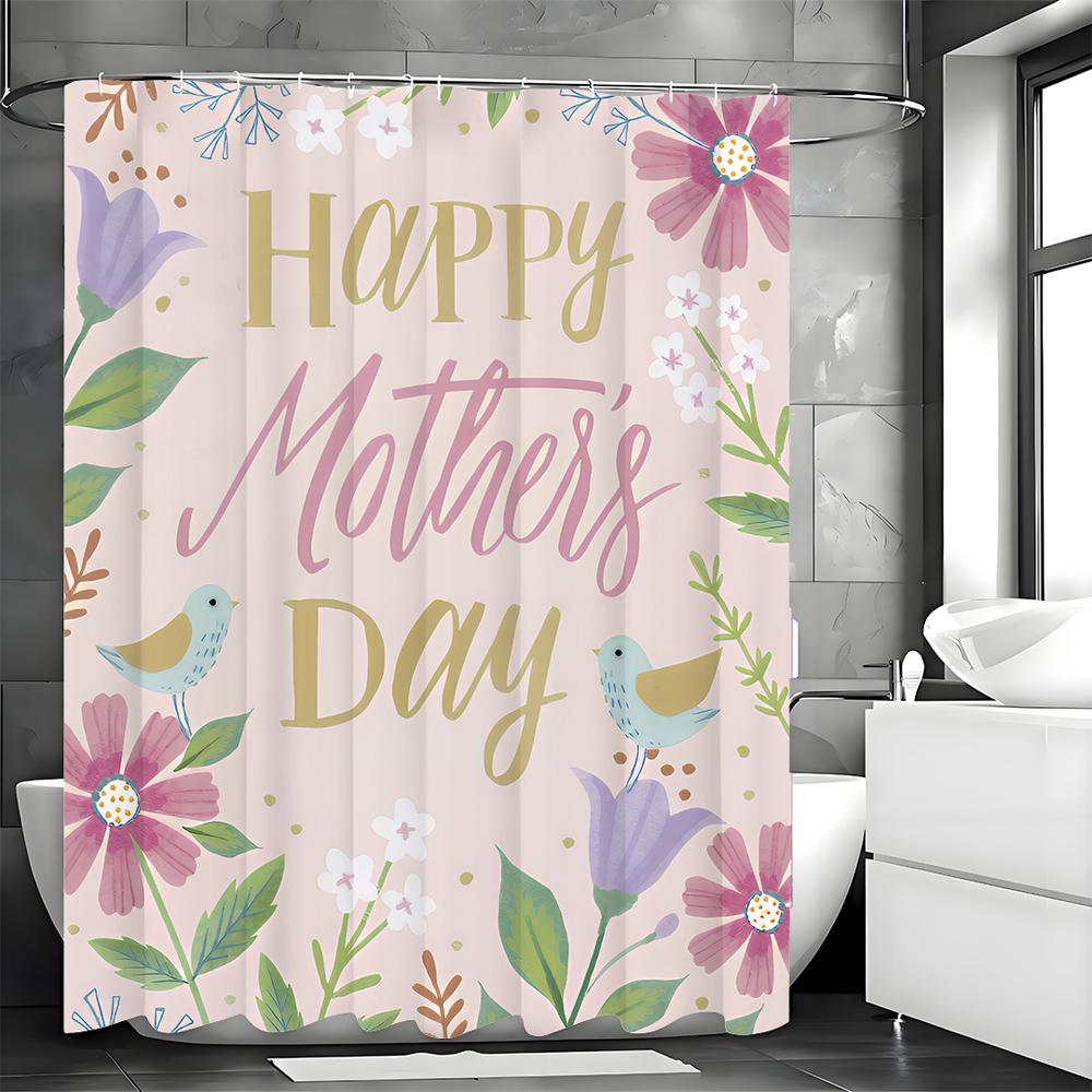 Mother's Day Cartoon Flower Bird Shower Curtain, Bathroom Decorative Shower Curtain, Waterproof Shower Curtain with Hooks