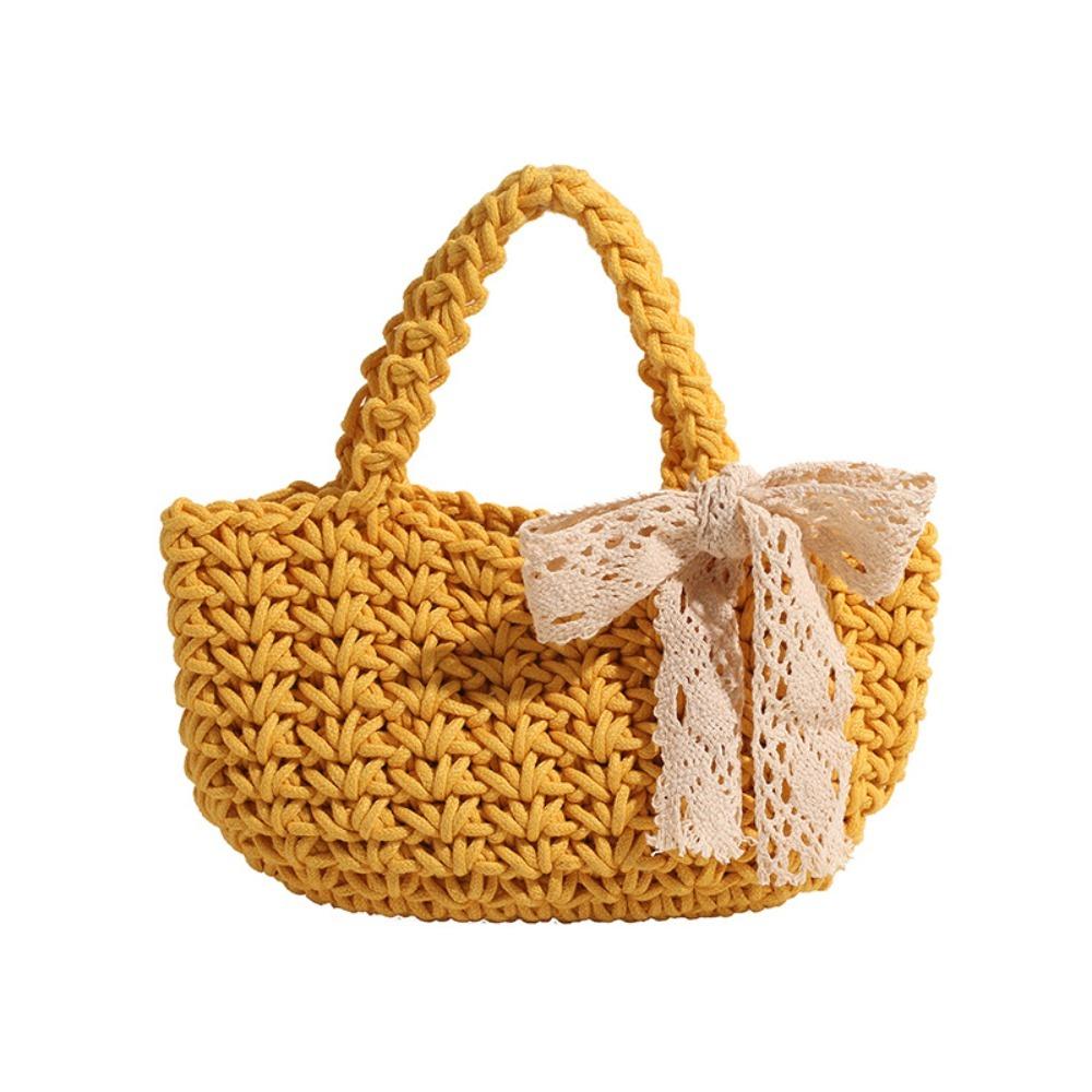Lace Bowknot Beach Straw Bag Large Capacity Bucket Bag Trendy Braided Underarm Bag  Travel