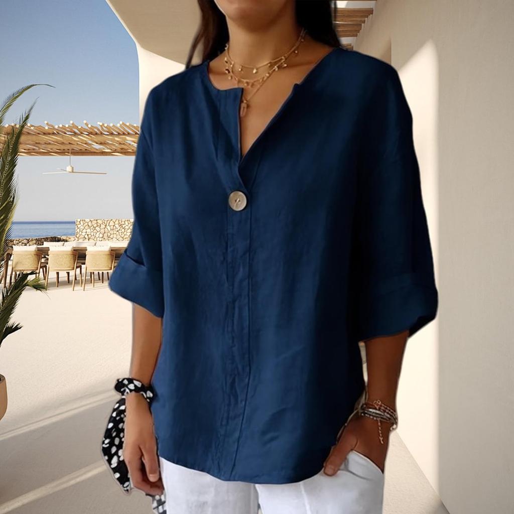 Women's Fashion Casual V-Neck Buttoned 3/4 Sleeve Cotton Linen Top