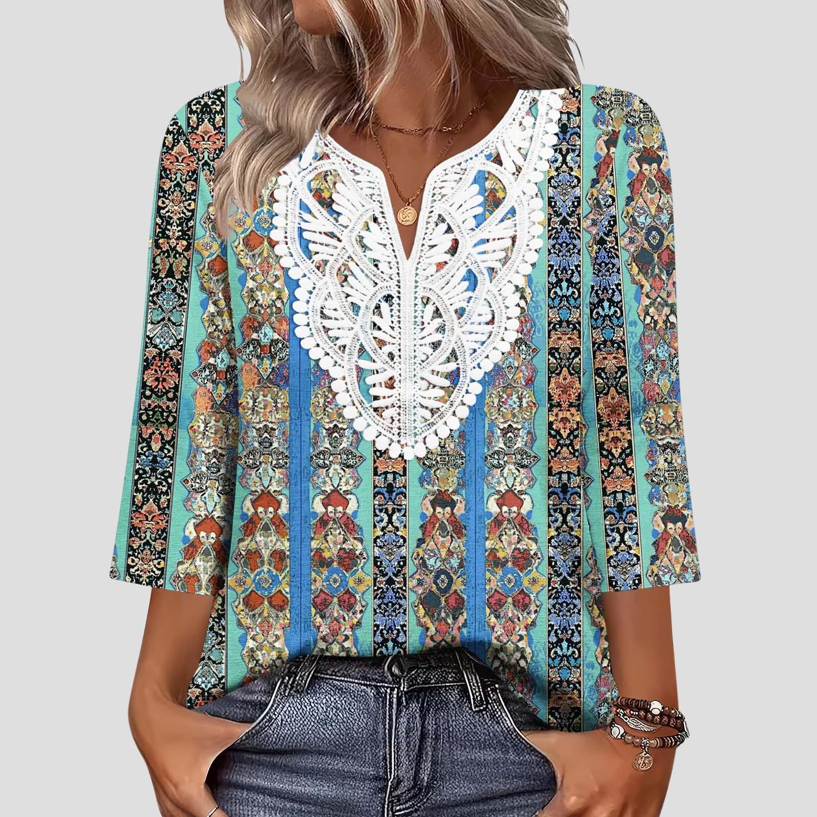 

Women V Neck Lace Patchwork Printed Three Quarter Sleeve Casual Loose Fit Top for Daily Wear Office Travel XL